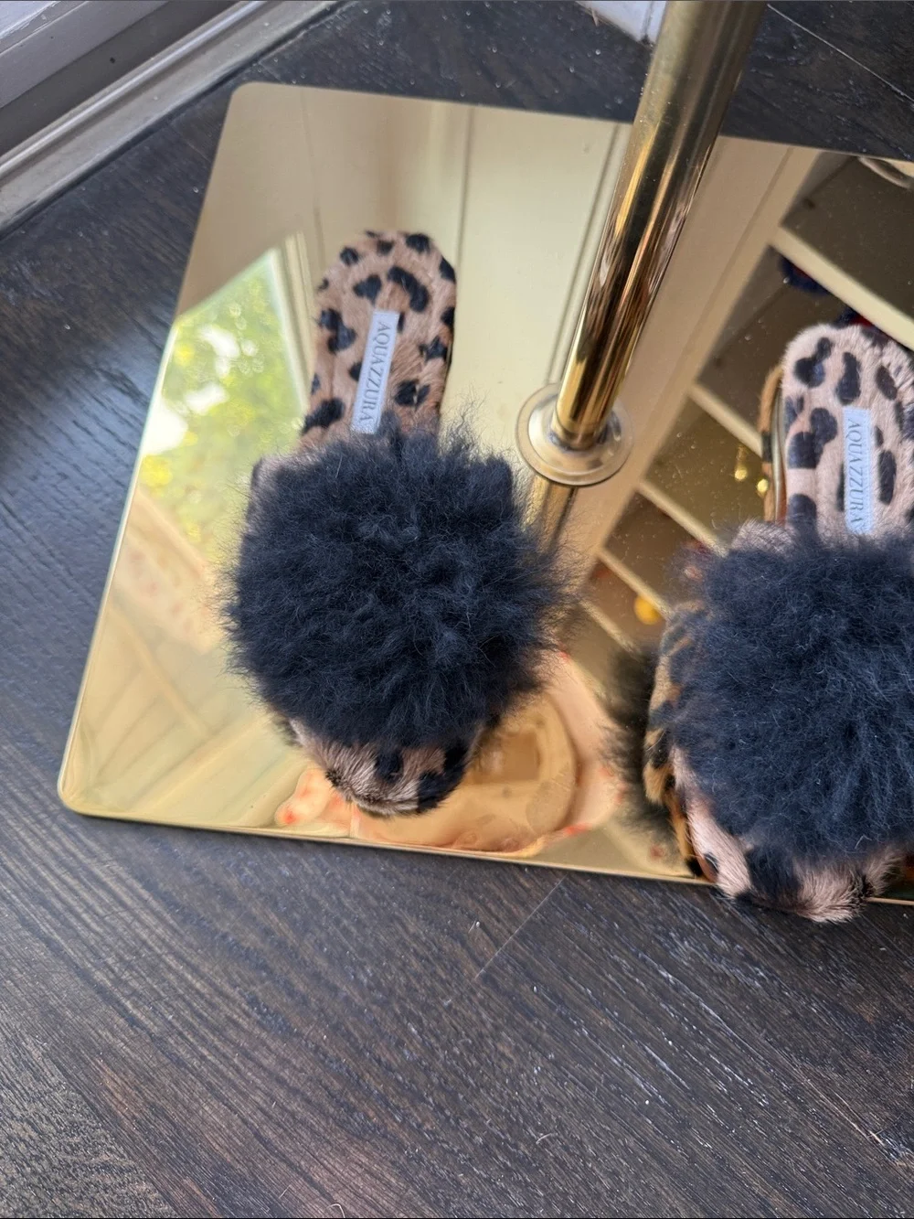 Aquazzura Leopard Print Fur Pom Slide Sandals in Black and Brown